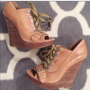 Aldo lace up tan leather peep toe wedges with buckle
